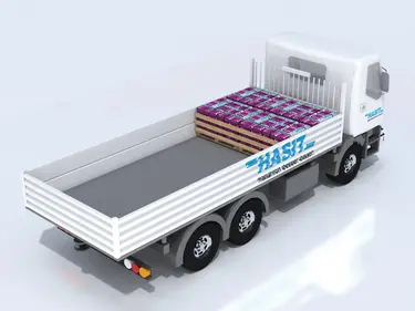 3D-Grafik eines HASIT-LKWs mit beladenen Produkten