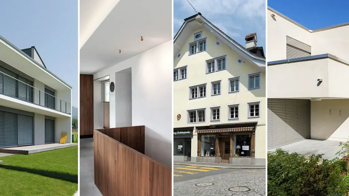 Vier Bilder von Aussen- und Innenansichten von Gebäuden