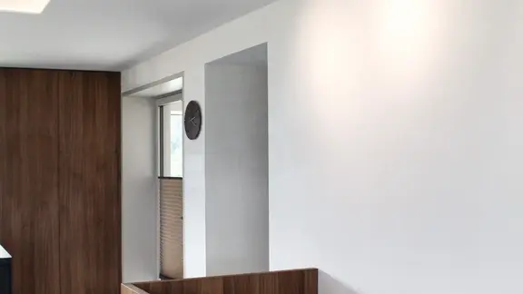 Moderner Innenraum mit schönem Weissputz an Wänden und Decke im Kontrast zum dunklen Holz