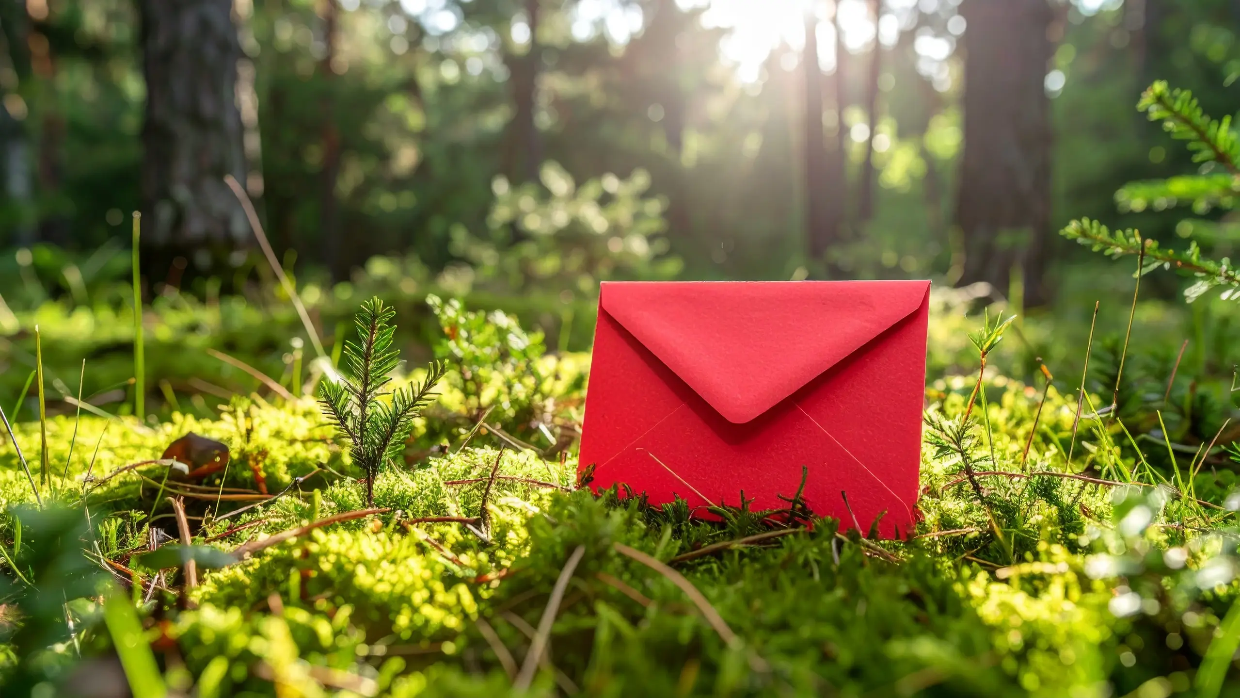 KI-generierter, roter Umschlag auf einer sonnigen Waldlichtung und Moos