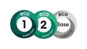 Fixit certification de produit eco1, eco2 et ecoBase, respectivement cercle vert avec écriture eco et n° 1 ou 2 au milieu sur blanc, anneau gris avec écriture Base au milieu sur blanc