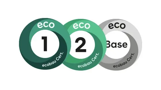 Fixit Produktzertifizierung eco1, eco2 und ecoBase, jeweils grüner Kreis mit Schrift eco und Nr. 1 bzw. 2 in der Mitte auf weiss, grauer Ring mit Schriftzug Base in der Mitte auf weiss