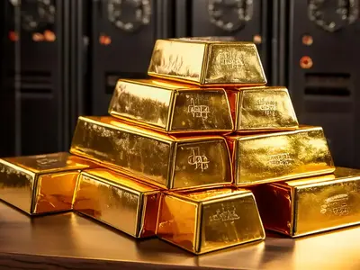 KI-generierte Goldbarren auf einem Stapel vor historischen Bankschliessfächern
