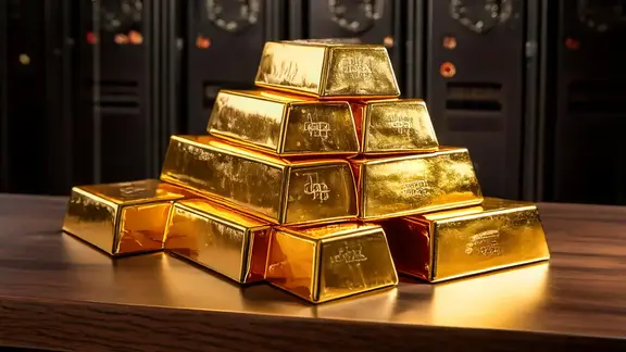 KI-generierte Goldbarren auf einem Stapel vor historischen Bankschliessfächern