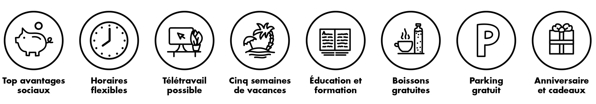 Icône Tirelire, Icône Horloge, Icône Écran, Icône Palmier, Icône Livre, Icône Boissons, Icône Parking, Icône Cadeau