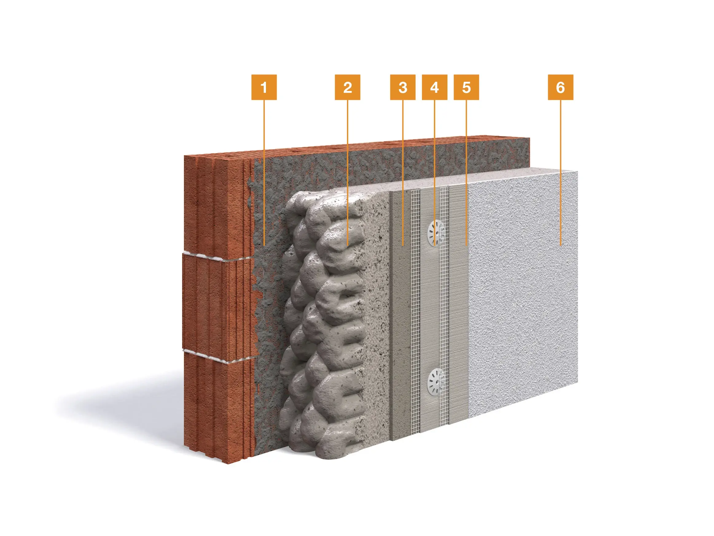 3D-Schichtmodel als Rendering mit den einzelnen Schichten des FOME® Dämmputzsystems auf Mauerwerk