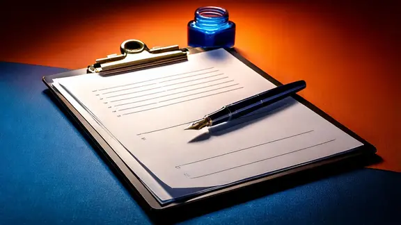 Image générée par IA d'un porte-bloc avec des papiers, un stylo et un encrier sur un fond orange et bleu