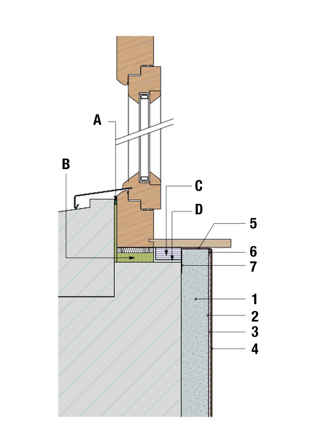 Technical drawing for processing interior insulation with insulating plaster - connection of a window sill in solid masonry.