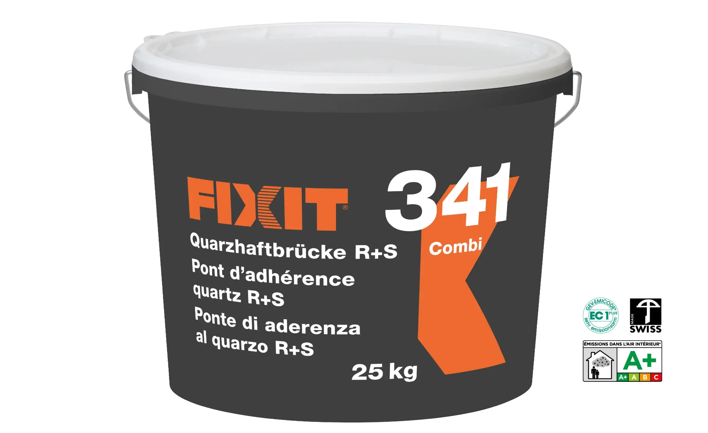 Grauer Eimer mit Fixit 341 in Orange und Weiss aufgedruckt und freigestellt