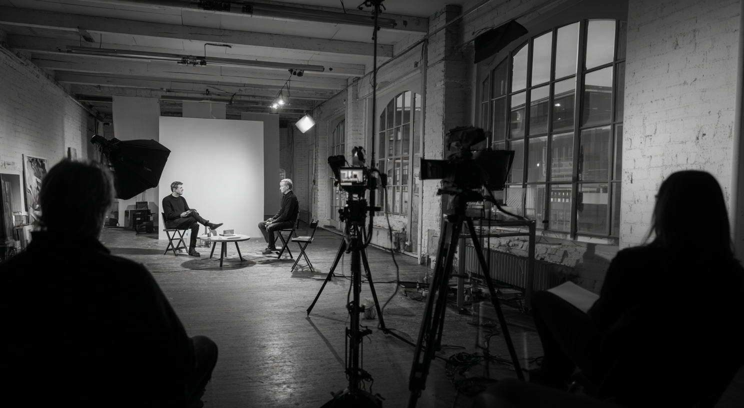 Schwarz-weiß Aufnahme einer Studio-Aufnahme-Situation