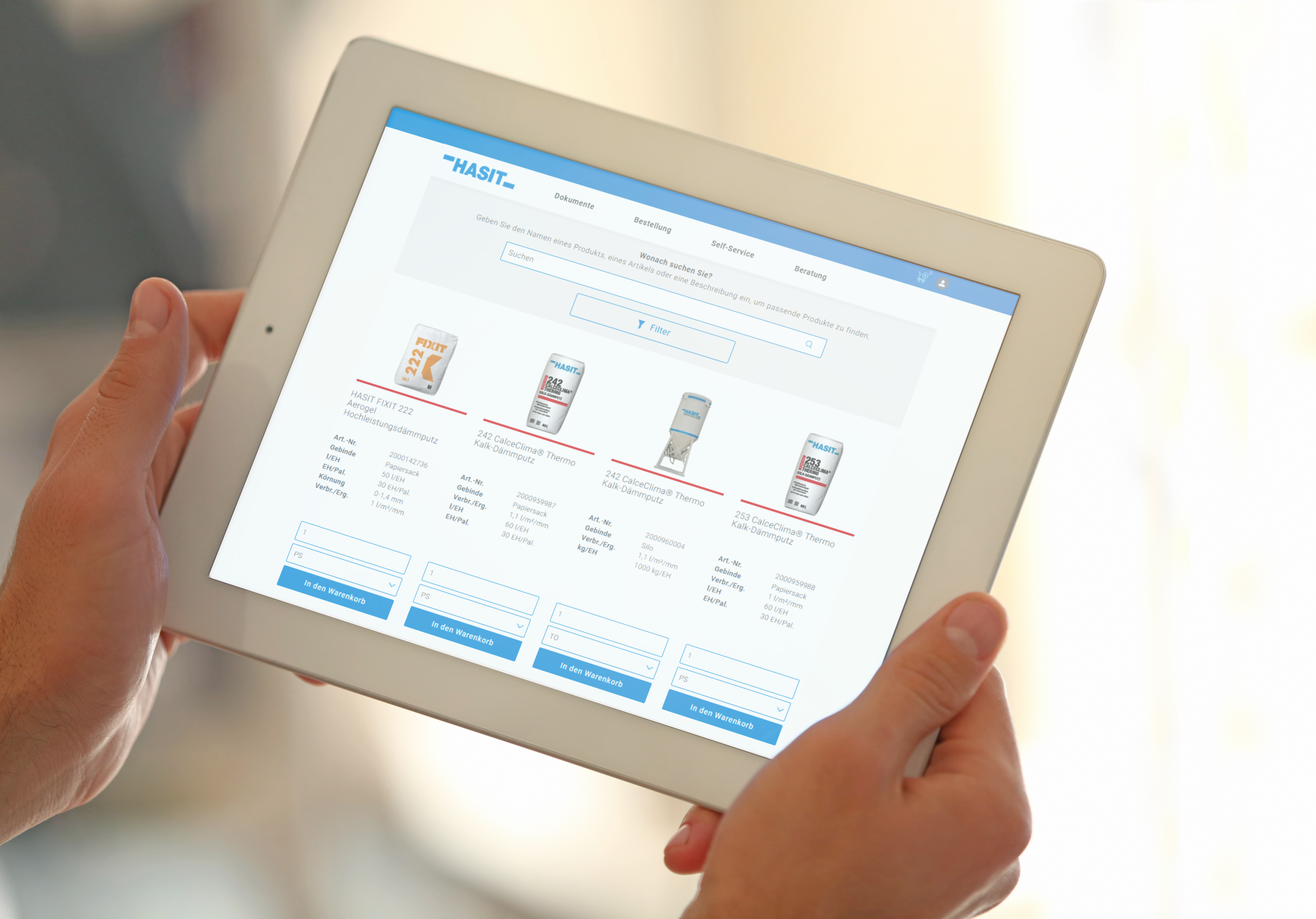 Ein Tablet, auf dem unser Bestelltool myHASIT geöffnet ist.