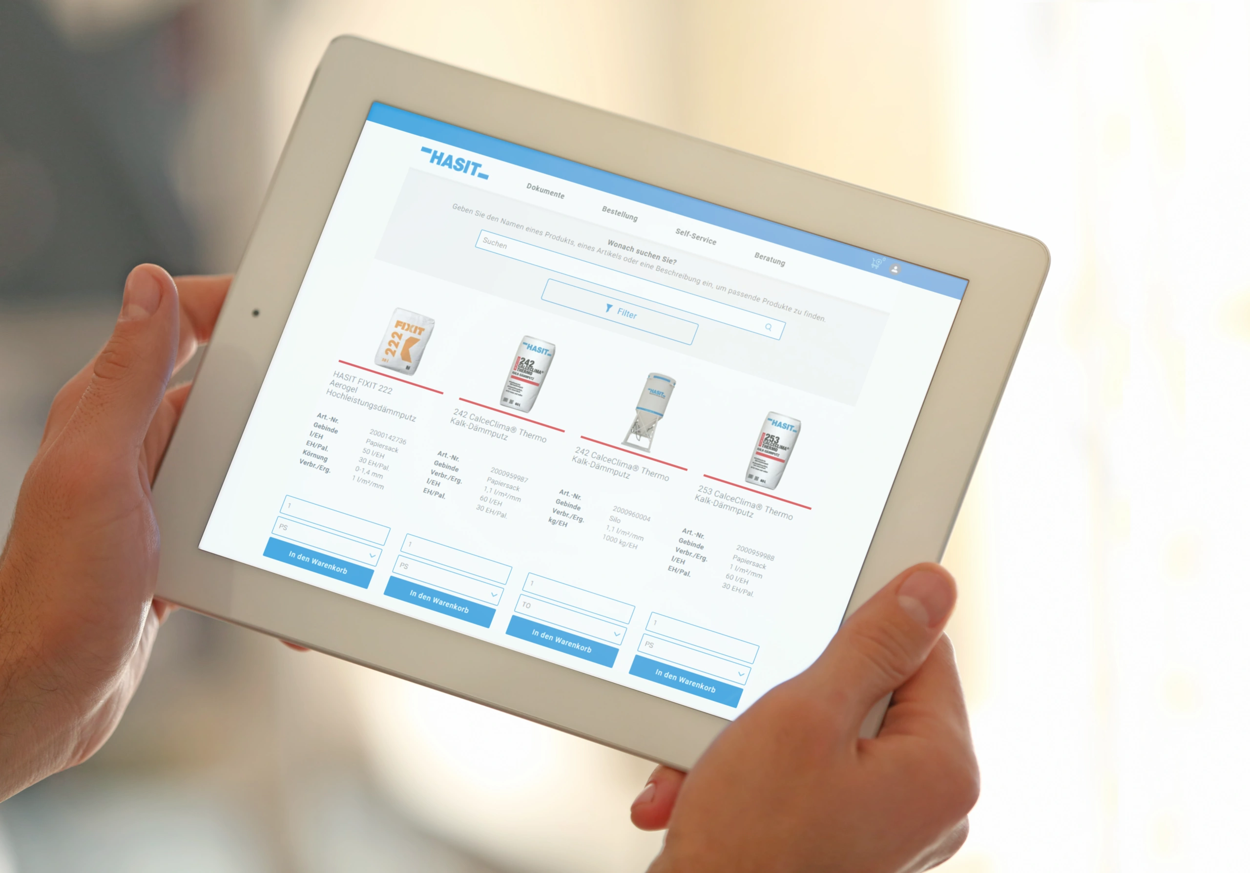 Ein Tablet, auf dem unser Bestelltool myHASIT geöffnet ist.