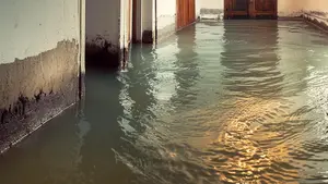 KI generiertes Bild zeigt einen überschwemmten Kellerraum mit beschädigten, verputzten Wänden, eine Holztüre sowie weitere Gänge.