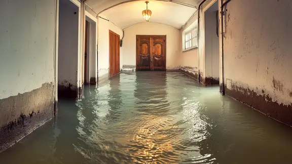 Image générée par IA d'une cave inondée avec des dégâts sur le plâtre