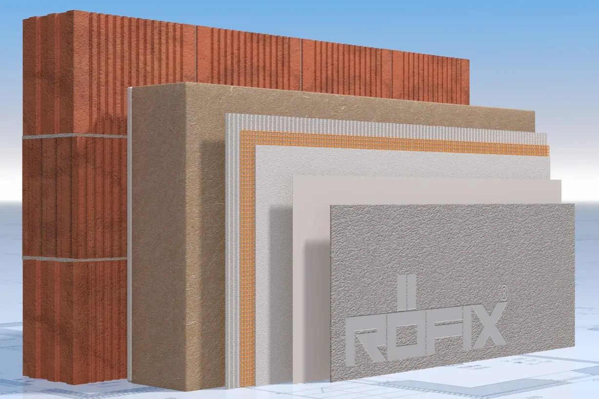 Abbildung des Wärmedämmverbundsystems RÖFIX WOFITHERM. Zeigt den Aufbau des Systems mit den einzelnen Komponenten.