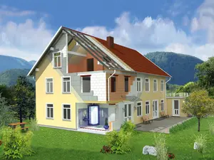 3D-Grafik eines Gebäudes mit Teilansicht der Innenfassade und Außenfassade