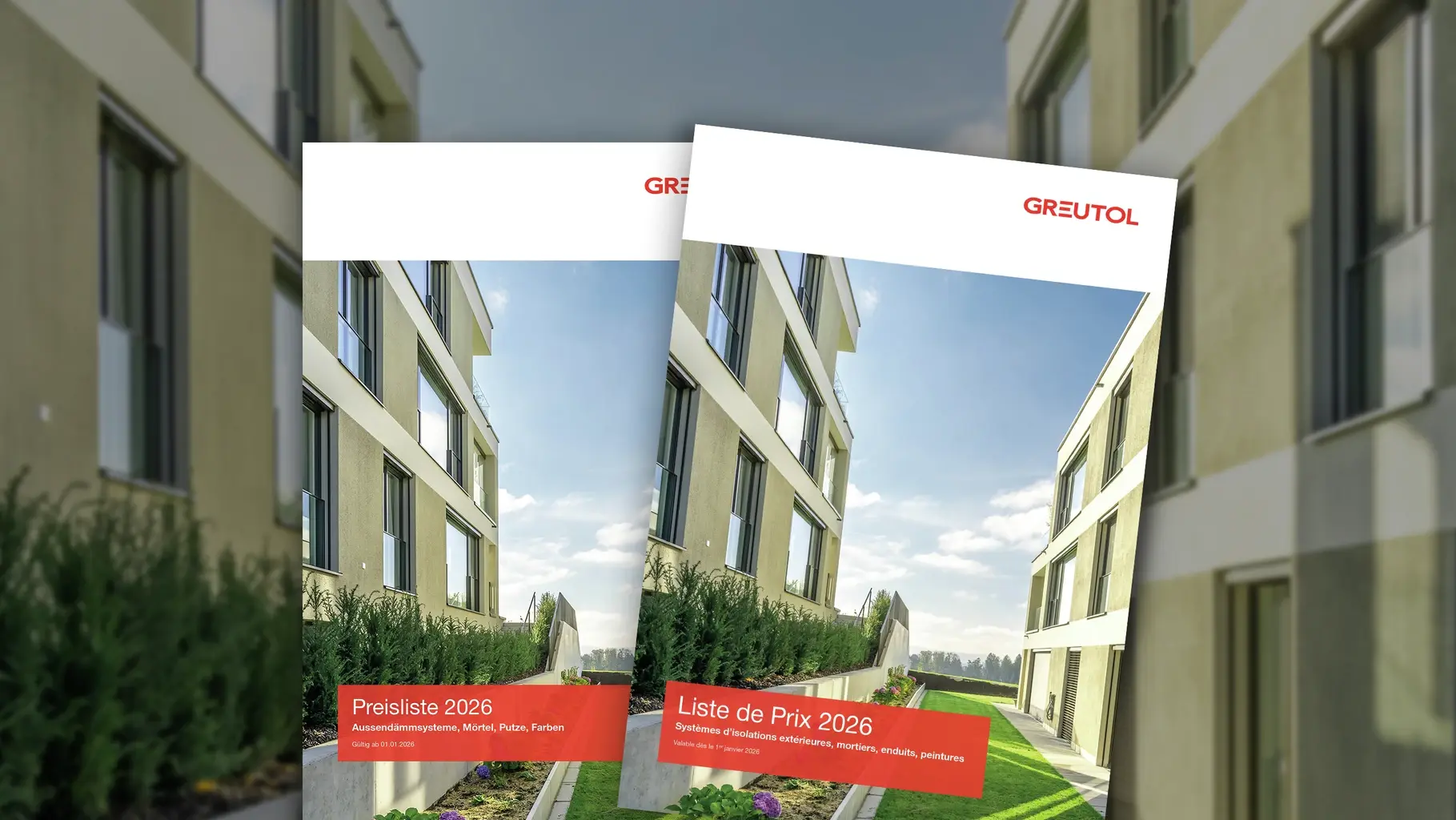 Montage photo Listes de prix Greutol devant un canyon urbain avec enduit design