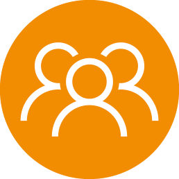 White icon on orange background with three people in half-length portrait