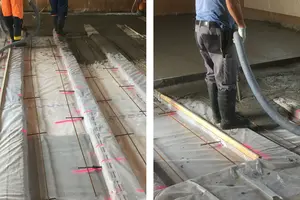 Remplissage structurel d'un plafond à poutres en bois recouvert d'un film PE avec du mortier mousse Fixit POR