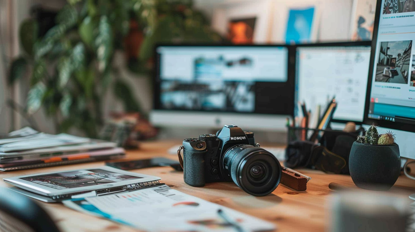 Ein redaktioneller Schreibtisch mit mehreren Monitoren, umgeben von Zeitschriften und einer bereitstehenden Kamera, bildet das Herzstück einer aktiven Redaktion