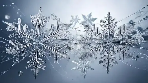 KI-generierte Schneeflocken aus Eis auf einem eisblauen Hintergrund