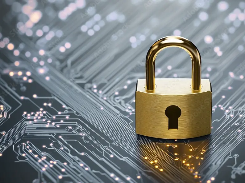 Lucchetto in ottone con un grande foro della serratura appoggiato su una scheda madre di computer grigio scuro