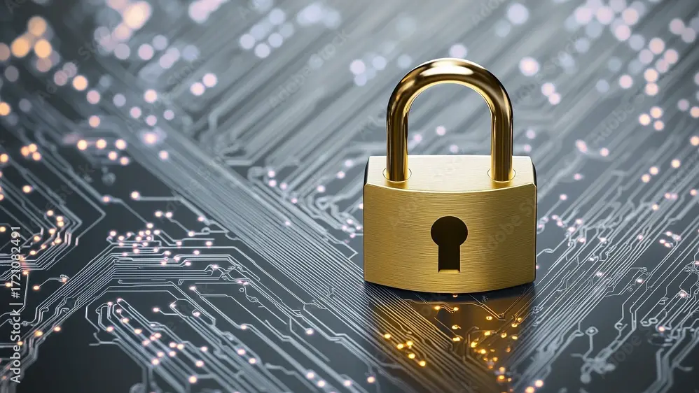 Lucchetto a staffa color ottone con un grande foro per la chiave, montato su una scheda madre grigio scuro