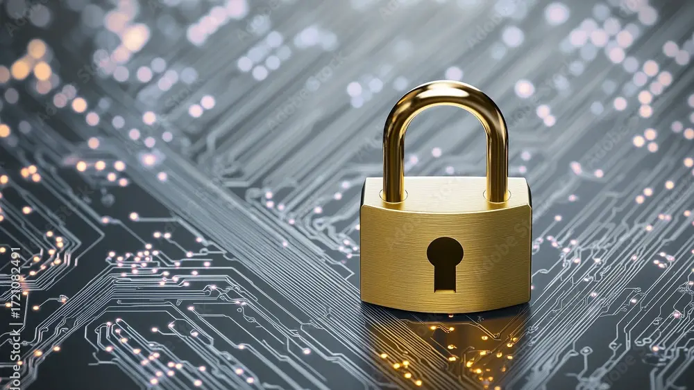 Lucchetto a staffa color ottone con un grande foro della serratura su una scheda madre di colore grigio scuro