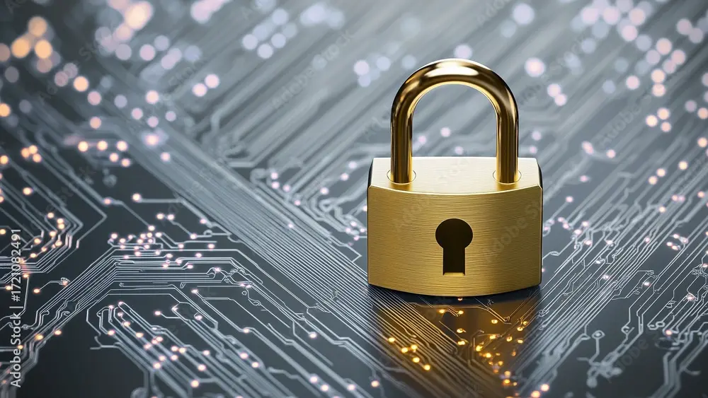 Un cadenas en forme d'arceau de couleur laiton, doté d'un grand trou de serrure, repose sur une carte mère gris foncé
