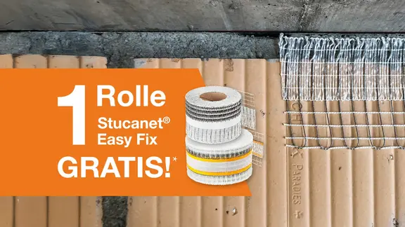 Werbemotiv einer Deckenfuge mit Stucanet® Easy Fix Entkopplungsband sowie einem Text-Overlay mit dem Aktionshinweis und den beiden freigestellten Produktbildern
