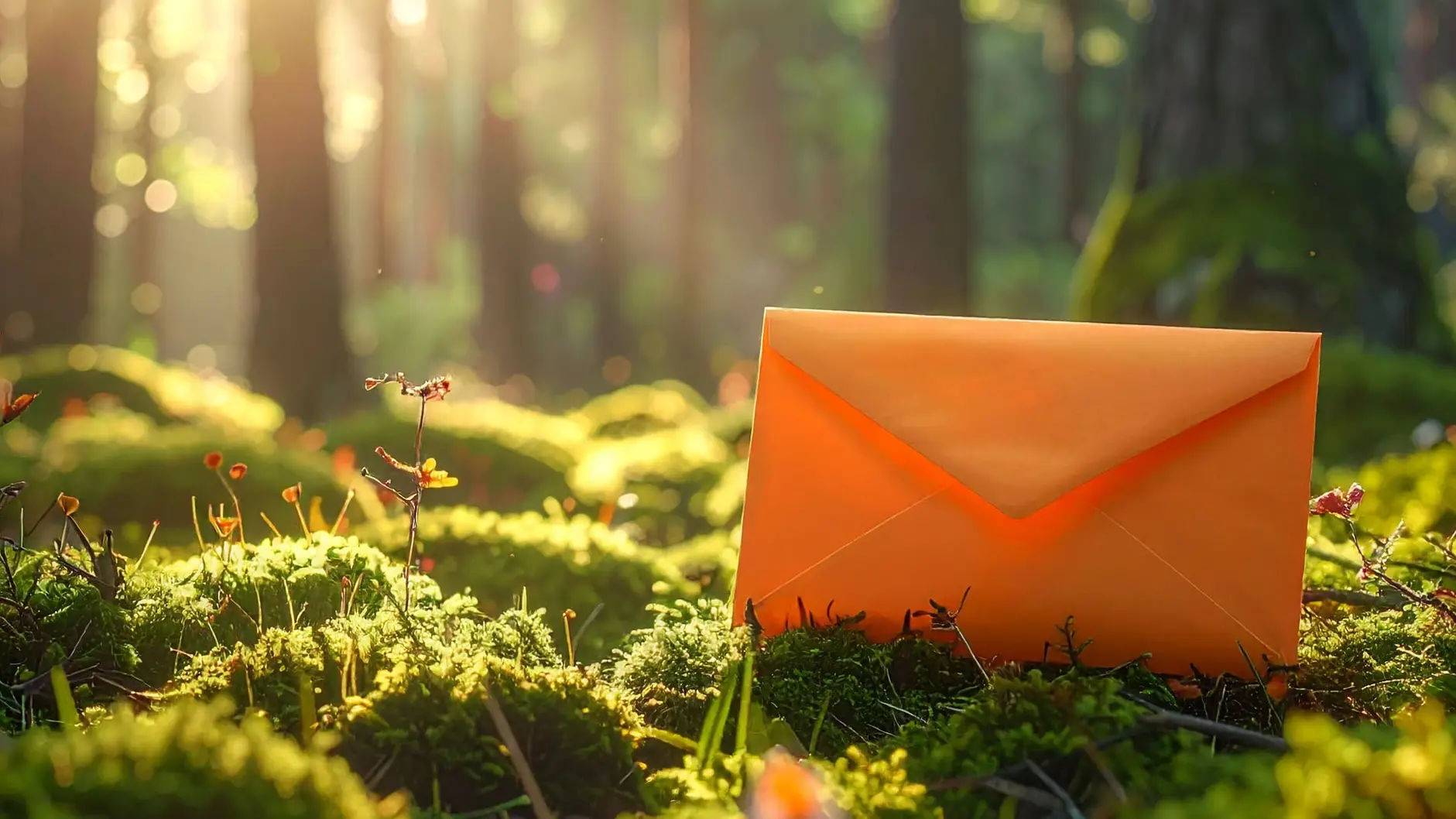 AI-generated image of an orange envelope in a sunny forest clearing, with moss and small orange flowers