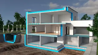 Das Bild zeigt ein 3D-Modell eines Gebäudes in offener Seitenansicht, das vollständig mit POR® Schaummörtel verarbeitet wurde.