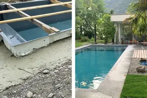 Fixit POR béton mousse entoure toutes les conduites et les bords du coffrage de la piscine et isole contre le sol