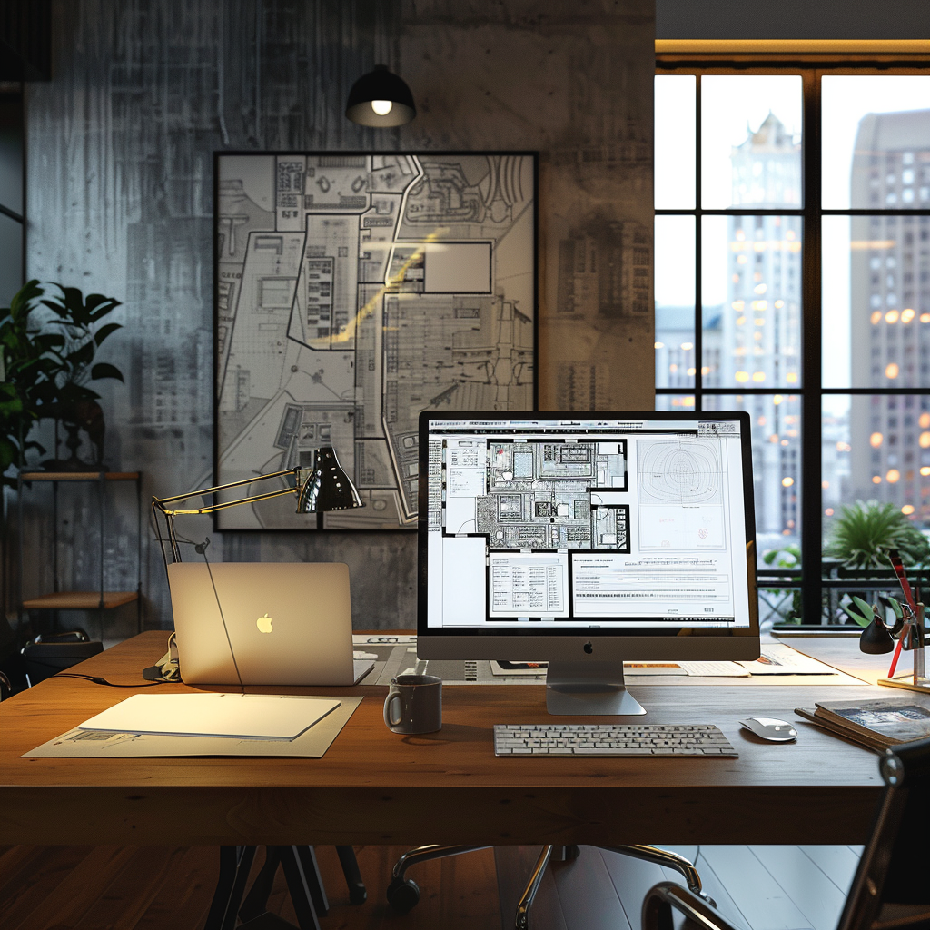  Ein moderner, aufgeräumter Schreibtisch mit Laptop, Flachbildschirm, kabelloser Tastatur, Notizbuch und einer Tasse Kaffee