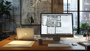  Ein moderner, aufgeräumter Schreibtisch mit Laptop, Flachbildschirm, kabelloser Tastatur, Notizbuch und einer Tasse Kaffee
