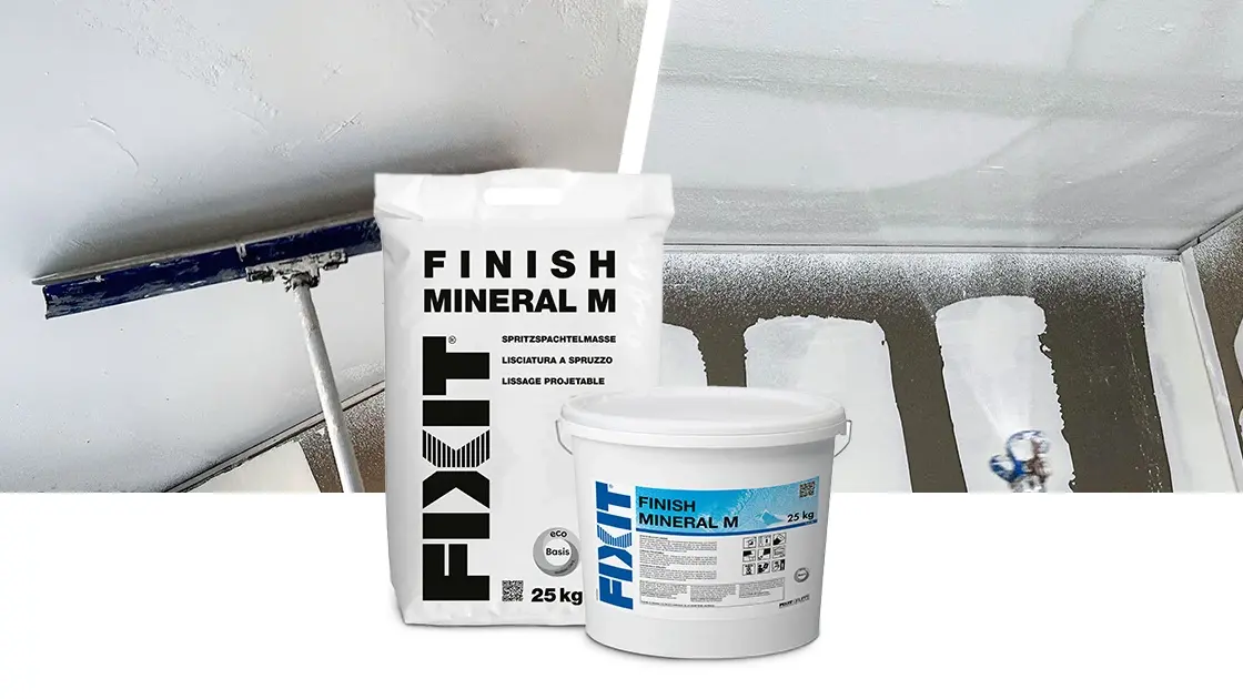 Fixit Finish Mineral M Spritzspachtelmasse im Sack oder Eimer mit zwei Bildern zur Ausführung