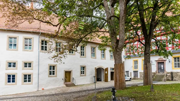 Ein Gebäude mit zwei Bäumen im Vordergrund.