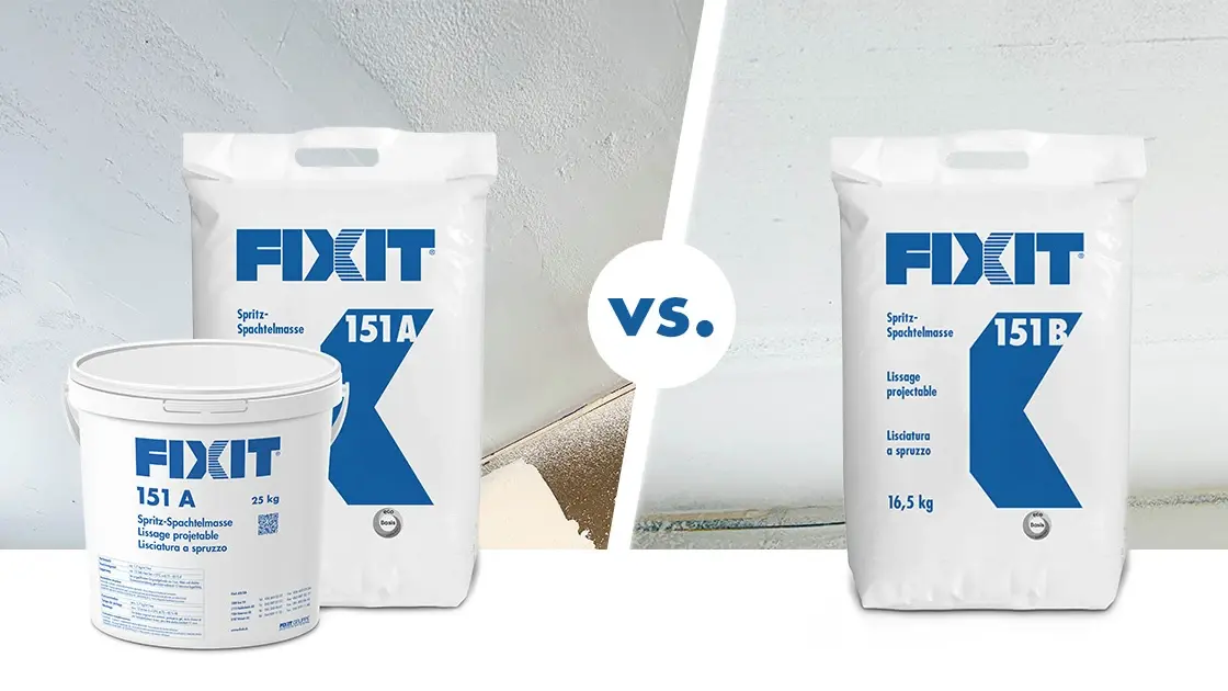 Fixit 151 A en sac ou en seau et Fixit 151 B en sachet avec deux schémas d'exécution en comparaison