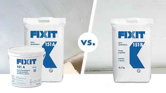 Fixit 151 A im Sack oder Eimer und Fixit 151 B im Sach mit zwei Ausführungsbildern als Vergleich
