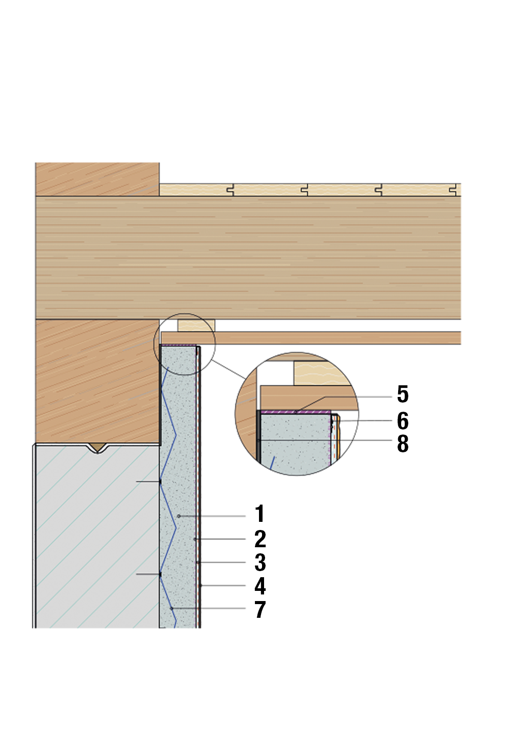 Technical drawing for processing interior insulation with insulating plaster - connection to wooden beam ceiling.