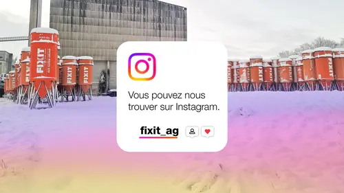 Silos Fixit dans la neige et élément teaser avec glyphe Instagram et pseudo fixit_ag