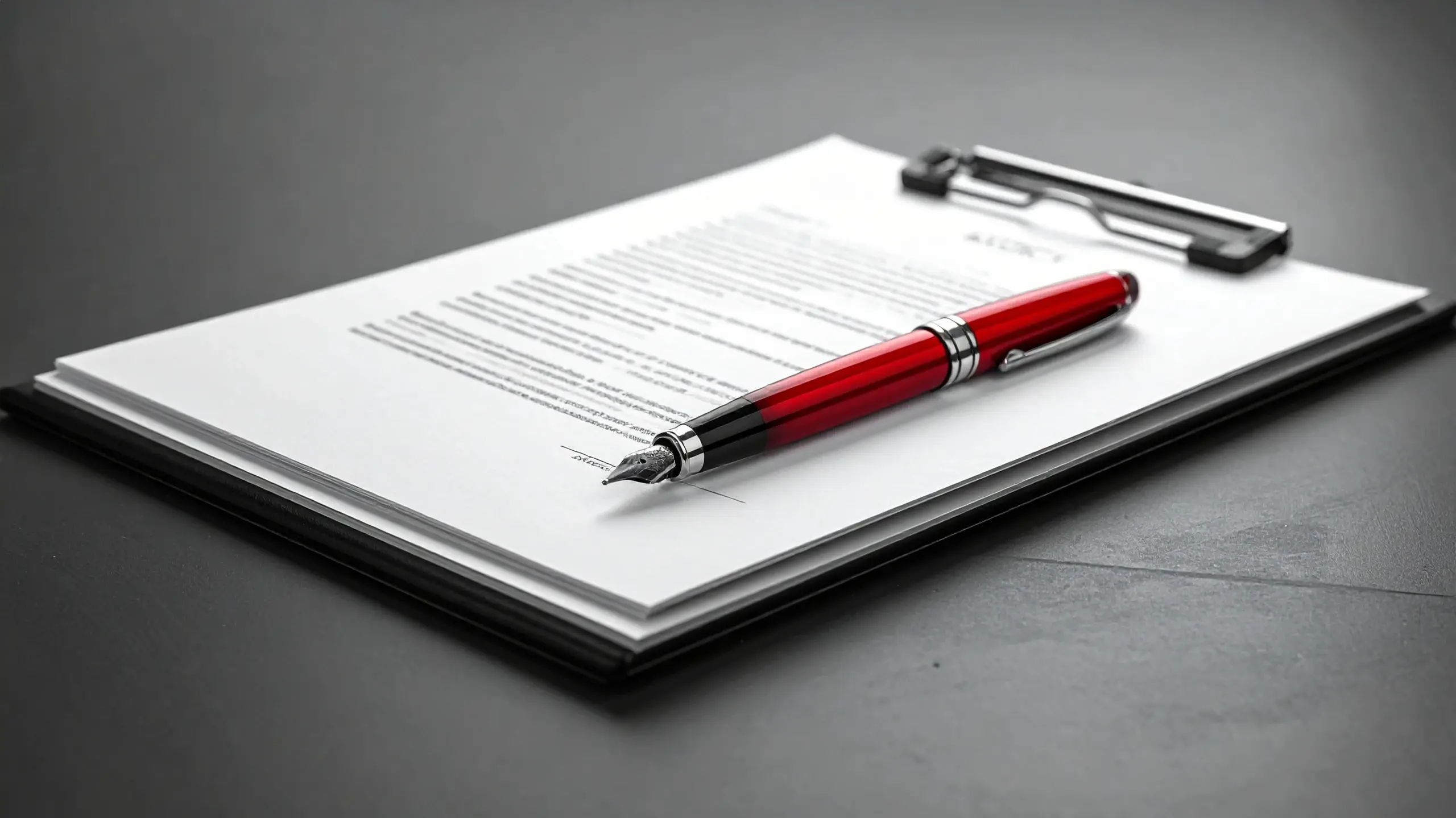 KI-generiertes Bildmotiv von einem Klemmbrett mit Papieren, einem Füller und roten Details